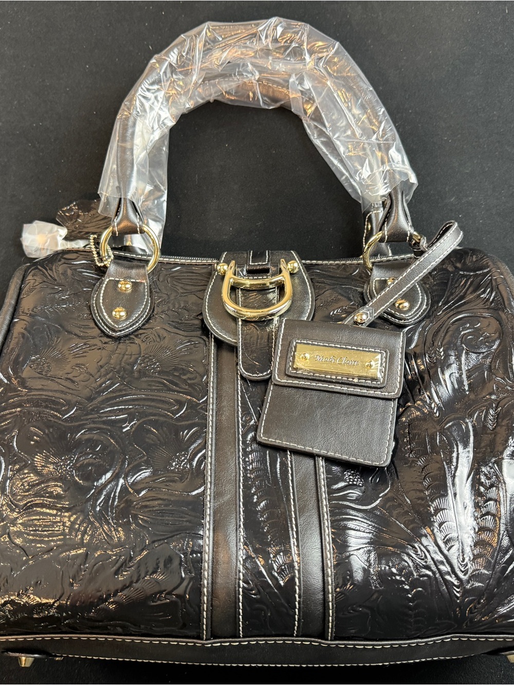 Black Embossed Leather Satchel Bag with Gold Hardware